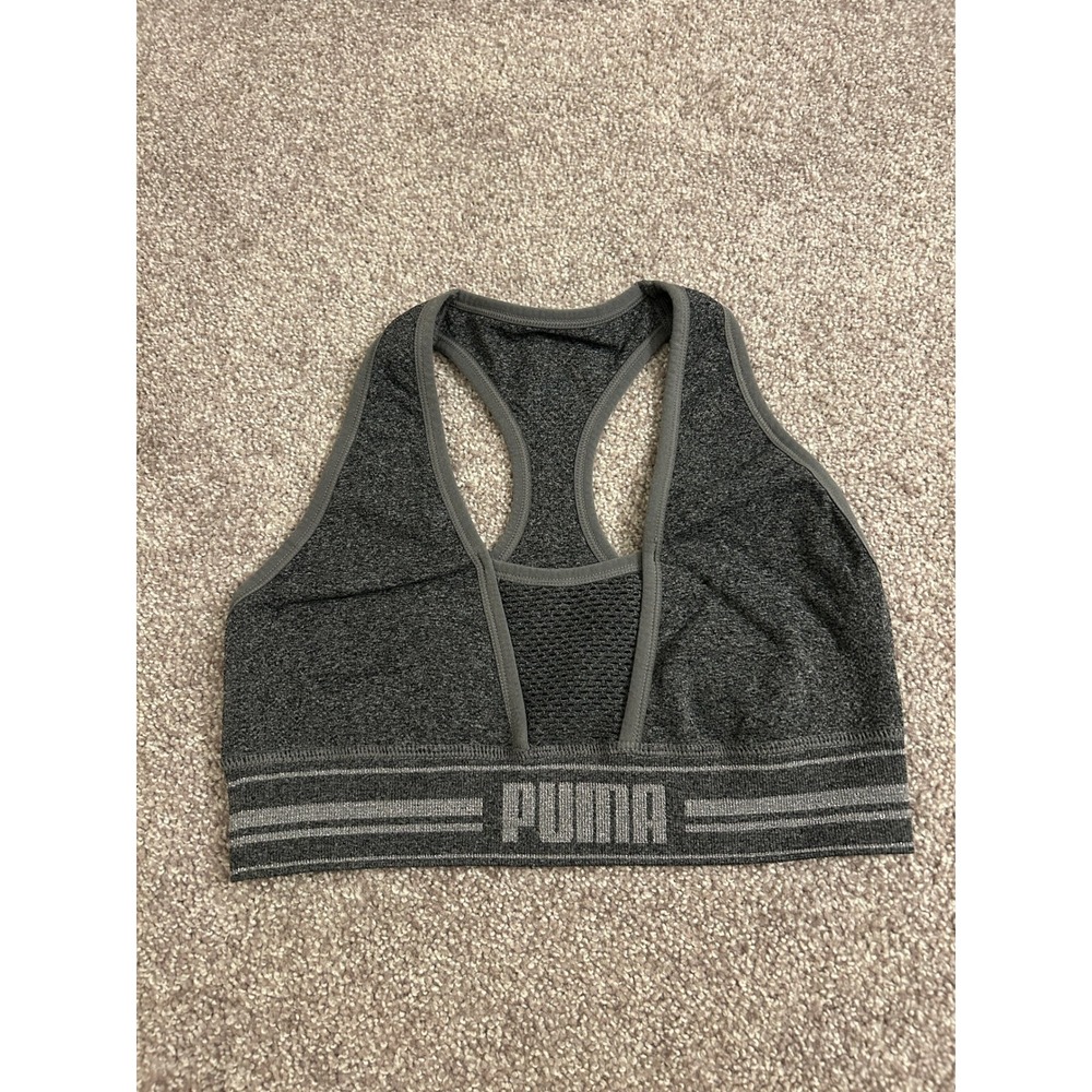 Puma Sports Bra Womens Large Grey Excellent Racerback Mesh Metallic Logo Band